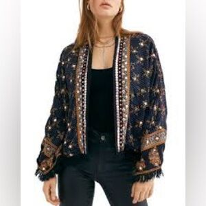 Free People Sz L Ray of Light Jacket Kimono Jacket Sequins Embroidered Tasel